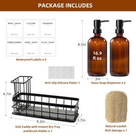 Dish Soap Dispenser for Kitchen, 16.9 fl oz Amber Hand and Dish Soap Dispensers, Kitchen Soap Dispenser Set with Sponge Holder, Brush Holder and Loofah Sponge, Countertop Sink Organizer Accessories