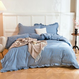 100% Cotton Ruffle Gingham Duvet Cover Sets Classic Checkered Queen Size