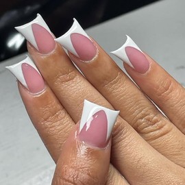 KQueenest White French Tip Press on Nails - Duck Press on Nails for Women, Soft Gel Fake Nails Press ons, Natural Fit, Reusable Light Pink French Tip Glue on Nails for Daily Wedding Wear, 30 Pcs