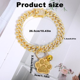 Cat Collar Diamond Cat Chain Collar Metal Pet Necklace with Paw Charm and ID Tag Bell Bling Pet Collars Cuban Link Jewelry Accessories for Small Medium Dogs Cats Puppy Kittens (Gold, 10 Inch)