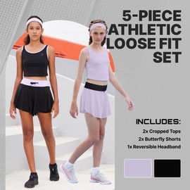 Essenclo Flowy Girls Butterfly Shorts Skirts w/Pockets & Athletic Sleeveless Tank Tops, Dance Tennis Cheer Running (5pc Set) - E2106 - Set-1-9-10