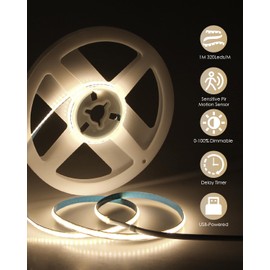 Aclorol USB 5 V COB LED Strip with Motion Sensor 1 m 320 LEDs Neutral White 4000 K Dimmable LED Strip with Timing Function PIR Motion Sensor for Bedside Table Stairs Cabinet Hallway Bedroom CRI85+