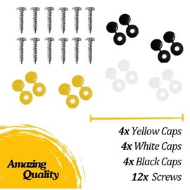 UK Number Plate Fittings - White, Black and Yellow Screw Caps with Stainless Steel Screws