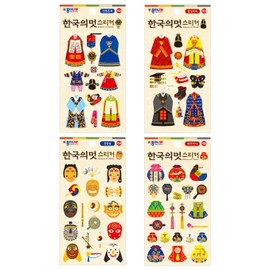 Generic Stickers containing Korean Traditions, 4 Sheets Stickers, Themed Stickers, Black,blue,red,yellow