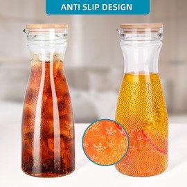 Glass Carafe set of 4 with Lids, 40 oz Beverage Pitcher Carafe for Mimosa Bar, 1 Liter Water Carafe, Carafe for Brunch, Milk, Iced Tea, Lemonade - 4 Wooden Chalkboard Tags, Bottle body relief