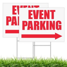 MUXYH 2 Pack Event Parking Sign with Arrows, 16” x 12” Corrugated Plastic with Metal Stakes, Double Sided Printed, Weatherproof, Easy to Mount