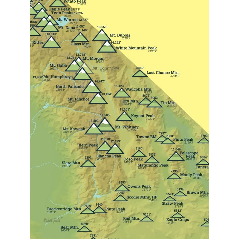 California 2000' Prominence Peaks Map Checklist 18x24 Poster (Green &