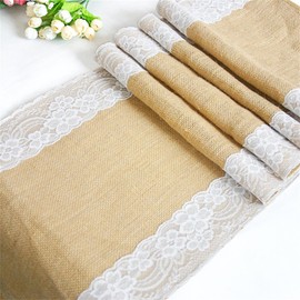 Time to Sparkle Jute Hessian Table Runners Lace 30x275cm Rustic Burlap Sewed Edge Wedding Table Decor (Jute With Lace)