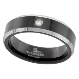 6mm Black Tungsten Diamond Wedding Ring for Him & Her Two-tone Beveled Edges Comfort fit, size 9