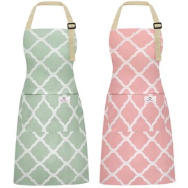Riqiaqia 2 Pieces Aprons for Women with Pockets, Cotton Linen Waterproof Kitchen Cooking Aprons, Chef Apronfor Men Women with Adjustable Neck Strap and Long Ties(Pink/Green)