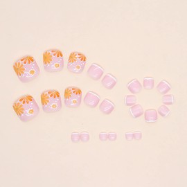 Press on Toenails with Big Floral Designs, Square Full Cover Glossy Reusable False Toe Nails with Glue, Natural Coffin Artificial Acrylic Fake Nails Glue on Toenails Short Stick on Toe Nails for Women