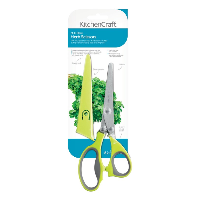 KitchenCraft Herb Scissors with 5 Blades and Cover, Stainless Steel,