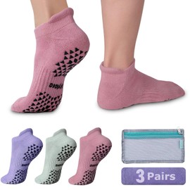 Hylaea Womens Non Slip Socks for Yoga Pilates Hospital Barre kickboxing, Grips on Bottom, Ankle,Cushion Padded Large xlarge