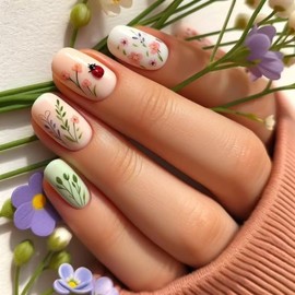 Flower Green White Press on Nails Short Square Fake Nails with Floral Designs Ladybug Spring False Nails Acrylic Nails Cute Glue on Nails Full Cover Stick on Nails for Women Supplies 24PCS