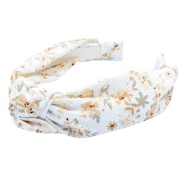 Bellefixe Knotted Headband for Women (Neutral Florals), Wide Knotted Headband in White Chiffon with Neutral Beige Floral Pattern