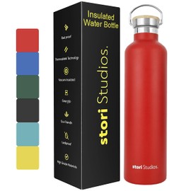 Stori Studios Vacuum Insulated Metal Water Bottle Red 1000 ml(33oz), Stainless Steel Water Bottle, BPA Free Standard Mouth Flask, Double Wall Insulated Water Bottles for Travel, Work & Gym