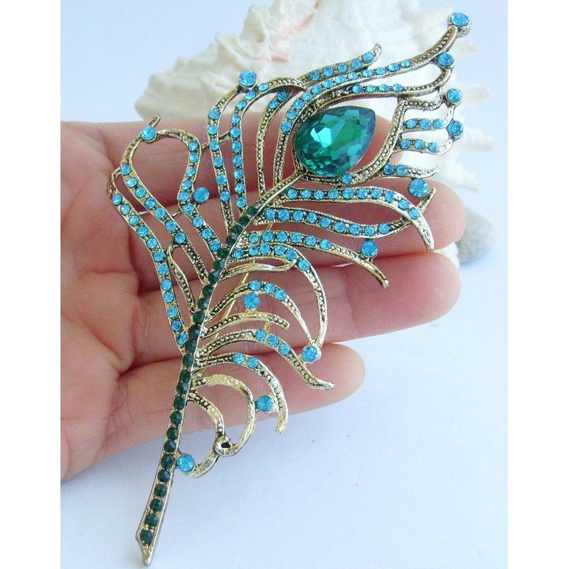 Sindary Rhinestone Crystal Peacock Feather Brooch Pin Pendant BZ5860 (Gold-Tone