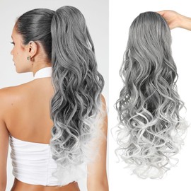 Ponytail Extension, Behufun Long Wavy Drawstring Ponytail 26" Clip in Hair Extensions Ponytail Fake Pony Tails Hair Extensions Natural Soft Heat Resistant Synthetic Hairpiece for Women Silver Grey