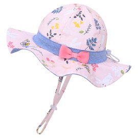 jerague Sun Hat for Little Girls-Baby Toddler Kid Girl Bucket Summer Hat Bow with Chin Strap UPF 50+ Protection