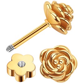 Enticera 14k Gold Plated Handmade Flower Flat Back Earrings Screw Back Cartilage Earrings Studs Hypoallergenic Nap Earrings Women Helix Piercing Gold