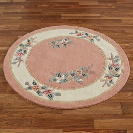 Touch of Class Elegant Corner Floral II Round Rug | Coral Peach | 3 feet 9 inches | Handcarved, Hand-Tufted, Luster Washed, Thick Pure Wool Circle Rug with Traditional Flowers