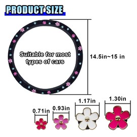 Cute Embroidery Flower Steering Wheel Cover Set, Vintage Floral Car Steering Wheel Protector with 4 Dashboard Air Vent Trim Clips, Car Interior Decoration Accessories for Girls Women (Pink)