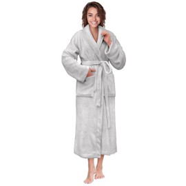 PAVILIA Light Gray Women Robe Fleece Plush Soft, Fluffy Fuzzy Cozy Warm Lightweight Bathrobe, Shower Spa House Long Robe for Women, S/M