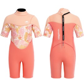 Gogokids Shorty Wetsuit Children, 2.5 mm Wetsuits Back Zip Toddler Short Wet Suits Comfort & Warmth, UV Neoprene for Swimming, Snorkelling and Surfing, Age 7-8 Girls, Pink