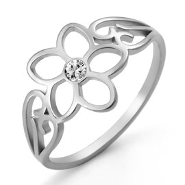 TEAMER Bohemian Hollow Flower Ring Stainless Steel Rhinestone Flower Ring Wedding Band Ring Exquisite Jewelry for Women, Stainless Steel, Rhinestone