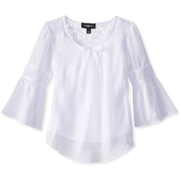 Amy Byer Girls' Bell Sleeve Top with Lace Inset, White, Large