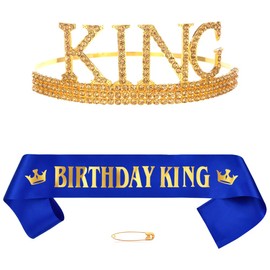 Blue Gold Birthday Crown Sash Men Birthday Decoration Rhinestone Birthday Tiara King Crown Crystal King Tiara Birthday Sash Father Birthday Decoration Party Clothing Accessories