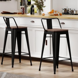 ALISH Bar Stools Set of 2,Low Back Counter Height Bar Stools Indurstrial Metal Barstools with Wood Top for Home Kitchen (Black, Set of 2)