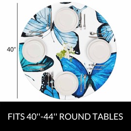 YINRON Butterflies Round Table Cloth Watercolor Spring Beautiful Blue Butterfly Elastic Edged Table Cover Fade And Stain Resistant Table Cloths Easy To Clean Fits Tables 40-44" Diameter