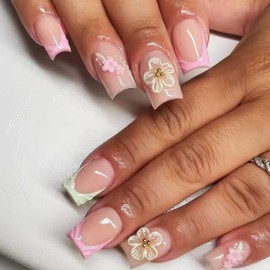 Pink French Tips Press on Nails Short Square Spring Fake Nails with 3D Flower Design Full Cover Spring Summer Floral Acrylic Nail Tips Kit Glossy Artificial Nails for Women Summer Nails Decor 24Pcs
