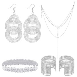 HOVEOX 6 Pieces Disco Costume Accessory Set 70s Costume Disco Accessories Includes Disco Earrings Bracelets Necklace Headband (Silver)