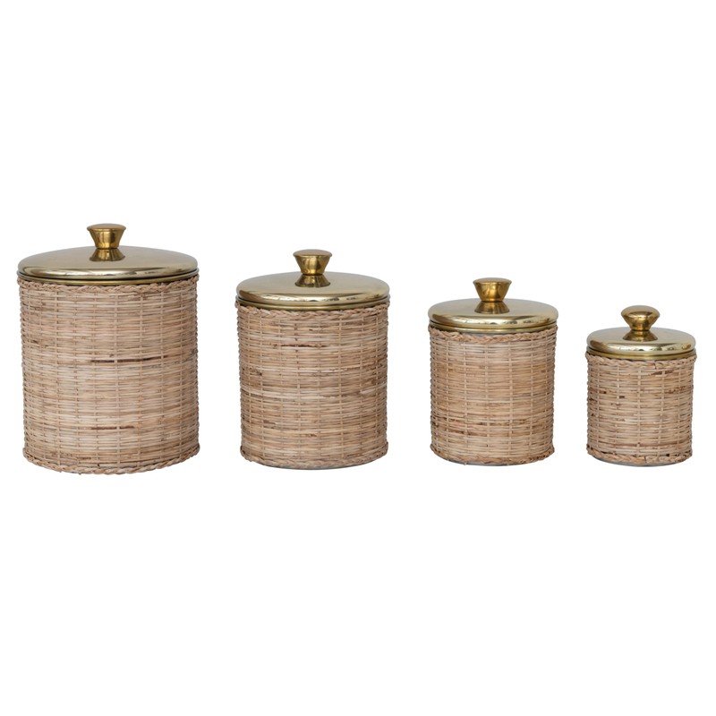 Creative Co-Op Rattan Wrapped Stainless Steel Canisters, Set of 4,