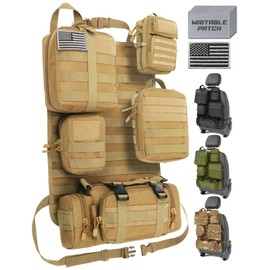 DBTAC Tactical Molle Car Seat Organizer | Vehicle Back Panel with 5X Detachable Pouches, US Flag & Writable Reflective Patch for Cars, Trucks, Ford, Jeep (Tan)
