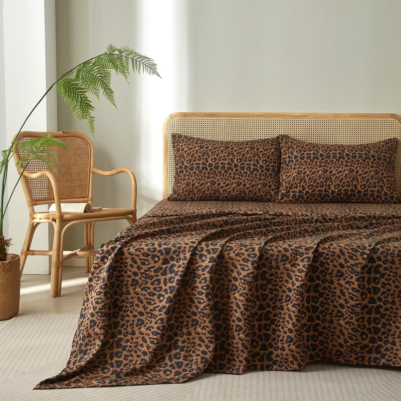 LifeTB Leopard Sheets Set 4 Piece Brown Leopard Cheetah Printed