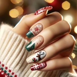 Christmas Press on Nails Medium Coffin Fake Nails Reindeer Xmas Tree Designs Winter Christmas False Nails Glue on Nails Snowflake Holly Leaves Stick on Nails Xmas Acrylic Nails for Women Girls 24 Pcs