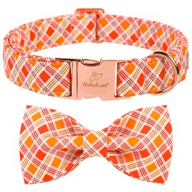 Babole Pet Fall Dog Bow Tie Collar Adjustable Thanksgiving Boy Girl X-Large Dog Cotton Collars Rose Gold Metal Buckle Red Orange Gingham Printed XL