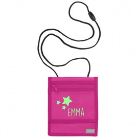 Neck Pouch with Name, Star Motif, Customisable and Printed with Name Print, Children's Purse, Coin Compartment for Children, Boys, Girls with Velcro Fastener for Hanging, Pink
