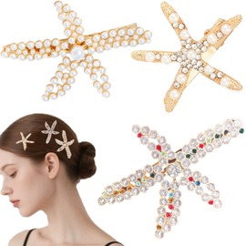 3Pcs Starfish Hair Claw Clips, Gold Rhinestone and Artificial Pearl Accessories, Beach Claw Barrettes for Ponytails, Vacation Hair Jewelry for Women Girls