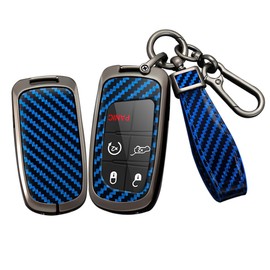 SANRILY Carbon Fiber Pattern Blue Smart Key Fob Cover Case Fit for Jeep Grand Cherokee Renegade for Chrysler 200 300 for Dodge RAM Durango Challenger Journey Keyless with Keychain