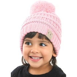 Funky Junque Exclusives Toddler Girls Beanie Hat with Pom Pom, Warm Winter Knit Cap Ages 1-6, Pale Pink