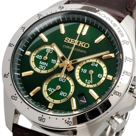 Seiko SBTR017 Men's 1/5 Second Chronograph Quartz Wristwatch, Green Brown Leather, Green Brown Leather SBTR017, Chronograph with 3 sides and 60 minutes
