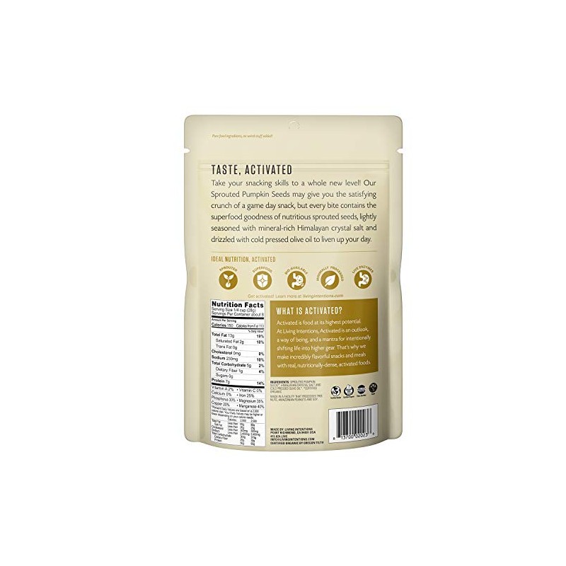 Living Intentions Organic Sprouted Pumpkin Seeds: Salted – NonGMO –