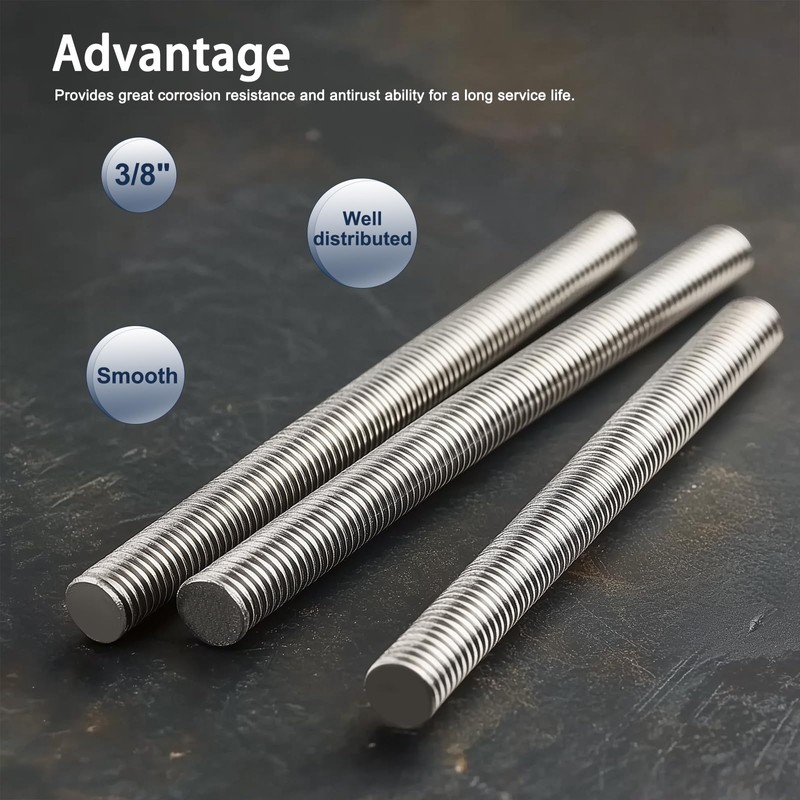 HiPicco 3/8"-24 Fully All Threaded Rod & Studs, 12" Length,