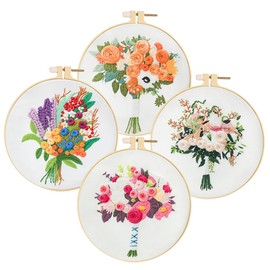4 Pack Embroidery Starter Kit with Floral Pattern and Instructions,Embroidery Hoops,Cross Stitch Tool Kit for Adults, Home Decoration and DIY Gift (Holding Flowers)