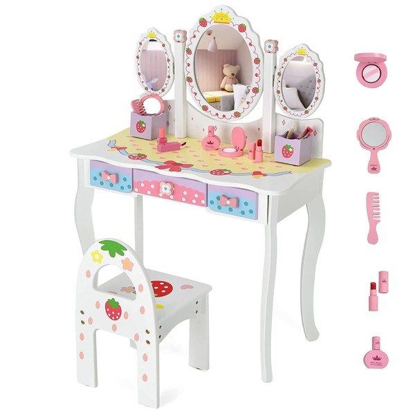 HONEY JOY Kids Vanity, Strawberry Princess Wooden Makeup Dressing Table & Chair Set w/Real Glass Tri-Fold Oval Mirror & Accessories, Detachable Top, Pretend Play Vanity Set for Little Girls(White)