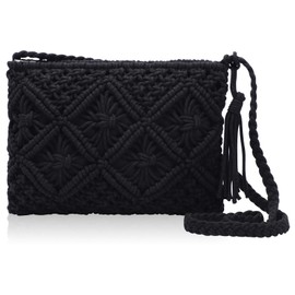 Risipu Women Straw Messenger Bag Zipper Handbag Simple Small Beach Shoulder Bag Handmade Clutch Bags Crossbody Bags (Black)